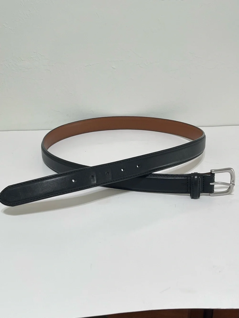 LL Bean Smooth Black Leather Belt Silver Tone Buckle Made in USA Vintage Size 42